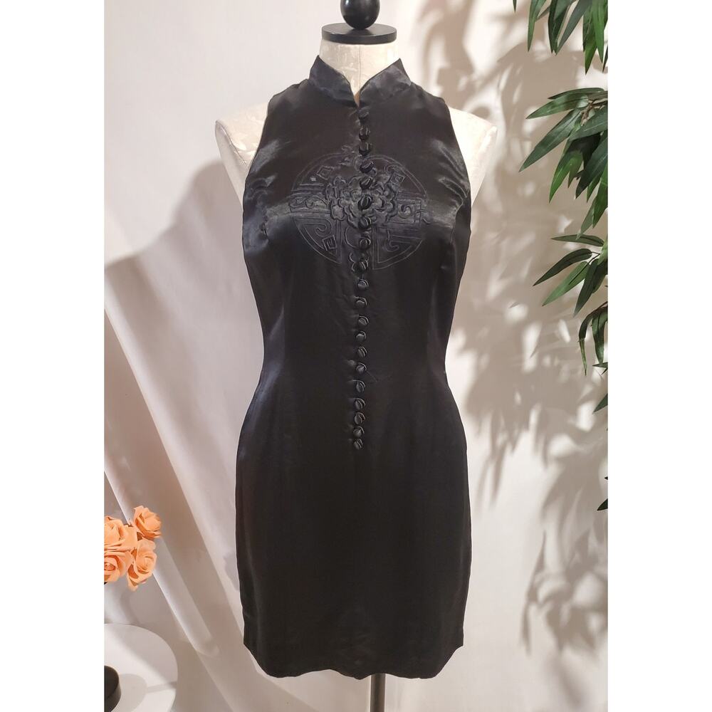 Vtg 90s LA Glo Satin Mandarin Cheongsam Dress Size 11/12 Black Sleeveless Asian
